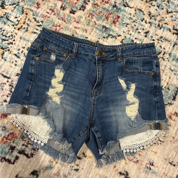 Pants - Distressed Denim Women Shorts with Lace Trim